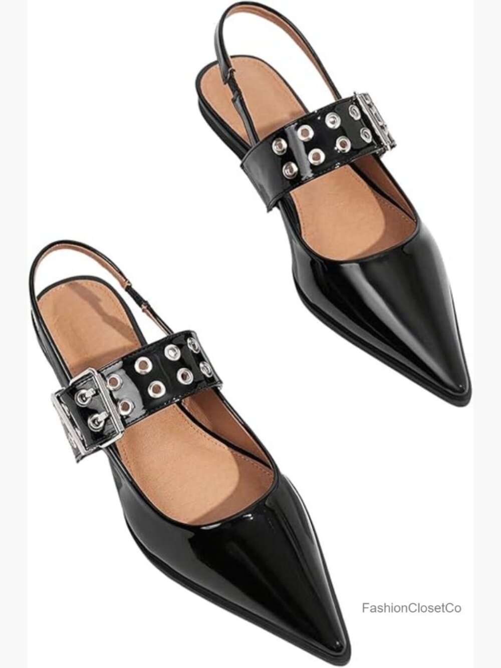 Faux Leather Pointed Toe Slingback Flat Shoes with Buckle Straps